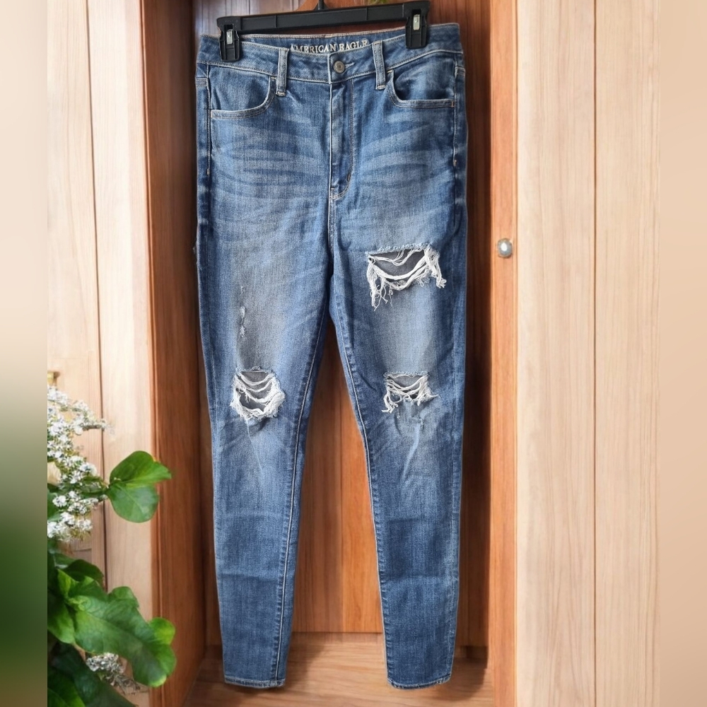 AE Super Super Stretch X-Long Super High Rise Blue Distressed Jeggings
